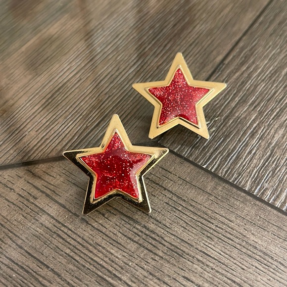 Vintage 1980’s Style Gold-tone Stars with Red Glitter - Picture 2 of 15